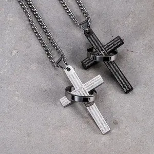 [Simple Cross] Black and white scripture ring cross necklace versatile titanium steel personality pendant accessories gift versatile fashion personality creative design Men's Stainless