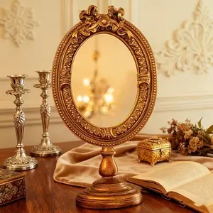 Vintage Relief Desktop Mirror, European Resin Craft Makeup Mirror, Home Desk Decor, Carved Flower Mirror, Elegant Tabletop Ornament