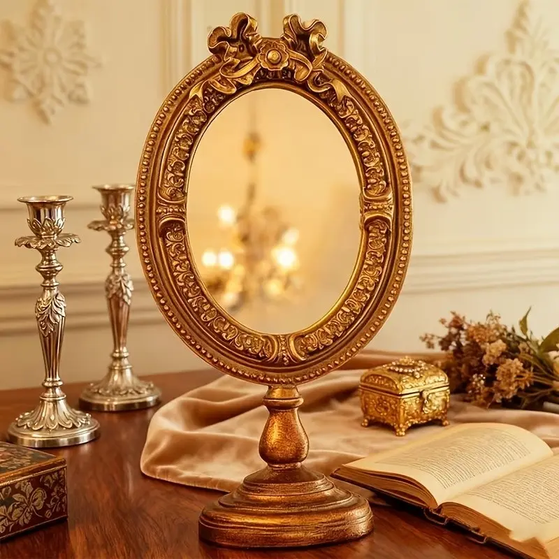 Vintage Relief Desktop Mirror, European Resin Craft Makeup Mirror, Home Desk Decor, Carved Flower Mirror, Elegant Tabletop Ornament, Decorative Mirror Art