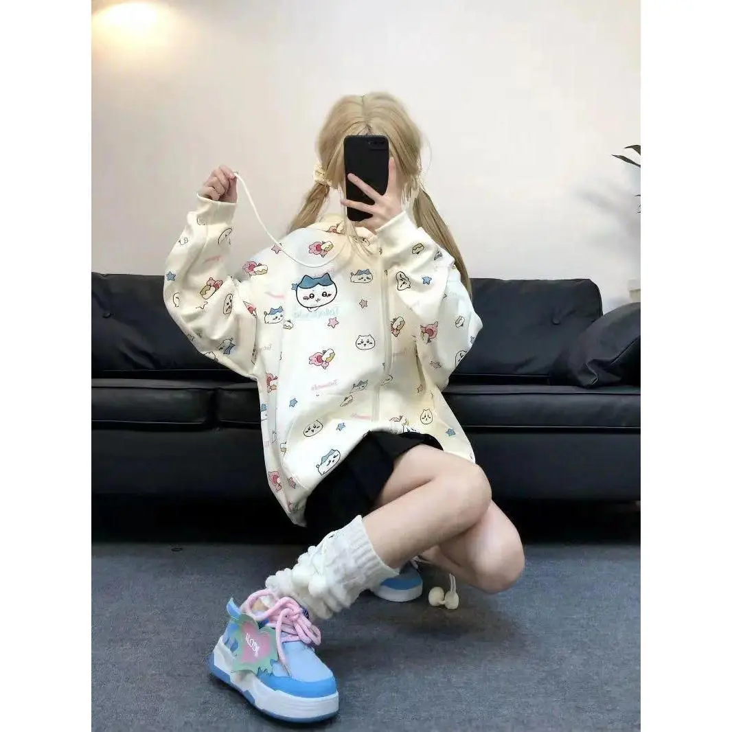Women's Chiikawa Cute Hachiware Cartoon Full-Print Long-Sleeve Hooded Zipper Cardigan - Loose Straw Casual Spring-Autumn Niche Sweet Top (Felt Crafts DIY Accessory)