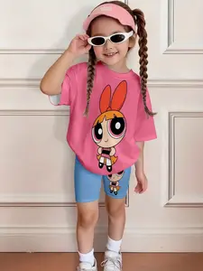 Girls' Summer Casual Set, T-Shirt and Blue Floral Shorts, Fitted Random Print, Short-Length, No Buttons or Zippers, Energy-Boosting Two-Piece