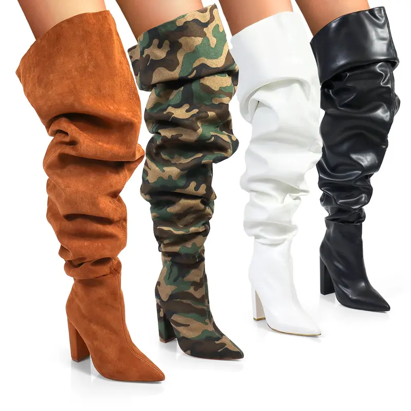 Over The Knee Wide Calf Slouchy Chunky Heel Boots – Snug Toe Fit