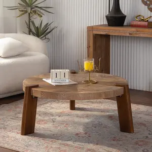 36.61" Round Herringbone Coffee Table - Solid Wood & MDF Rustic Coffee Table with Tapered Legs, Natural Distressed Wood Finish for Living Room