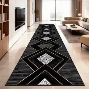 Luxury Gold Geometric Rug, Soft Comfortable Floor Mat, Hallway Carpet, Easy Clean and Store, Suitable for Bedroom Living Room Kitchen Entrance