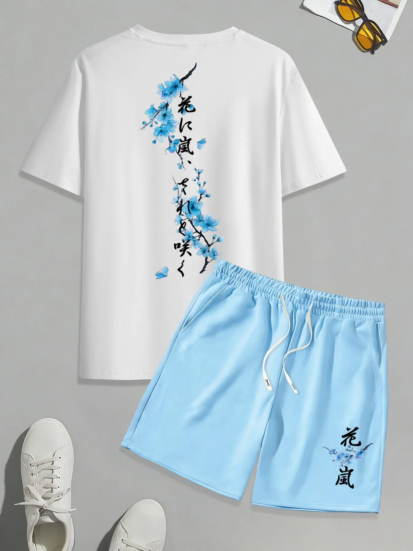 Men's 2-Piece Set, Text and Floral Graphic Print Round Neck T-Shirt + Outdoor Sports Drawstring Shorts, Summer Casual Wear Outfit, Menswear