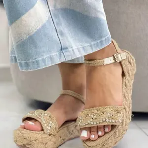 Antonela Sandalia Colombiana in Yute 2 Inches High Handcrafted with Pearl Accents & Gold Chain Adjustable Ankle Strap for Stylish Comfort