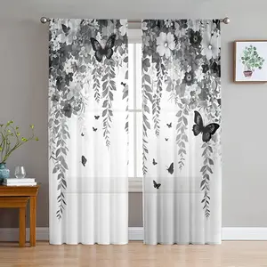 2D Flat 2Pcs floral butterfly printed sheer curtains, pole hung semi blackout, elegant privacy, bedroom, living room, home decorative curtains.