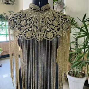 Handmade Luxury Sequin Shawl with Gold Embroidery and Fringe Detailing for Special Occasions