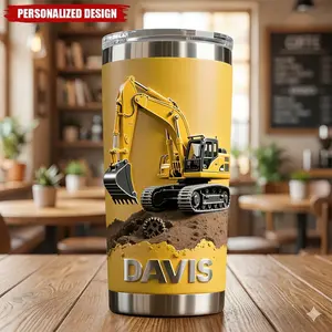 Personalized Excavator Tumbler, 2D Printed 3D Effect Heavy Construction Vehicle Insulated Cup with Custom Name, Engineer Operator Tumbler for Dad Husband or Construction Workers, Perfect Birthday Father’s Day Retirement Appreciation Gift