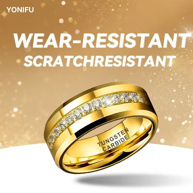 Yonifu Men's Tungsten Wedding Band, 8mm Gold Plated Ring with Diamond Inlay, Scratch-Resistant Luxury Engagement Gift, Meaningful Gifts, Gold And Diamond Rings, Diamond-Studded Rings