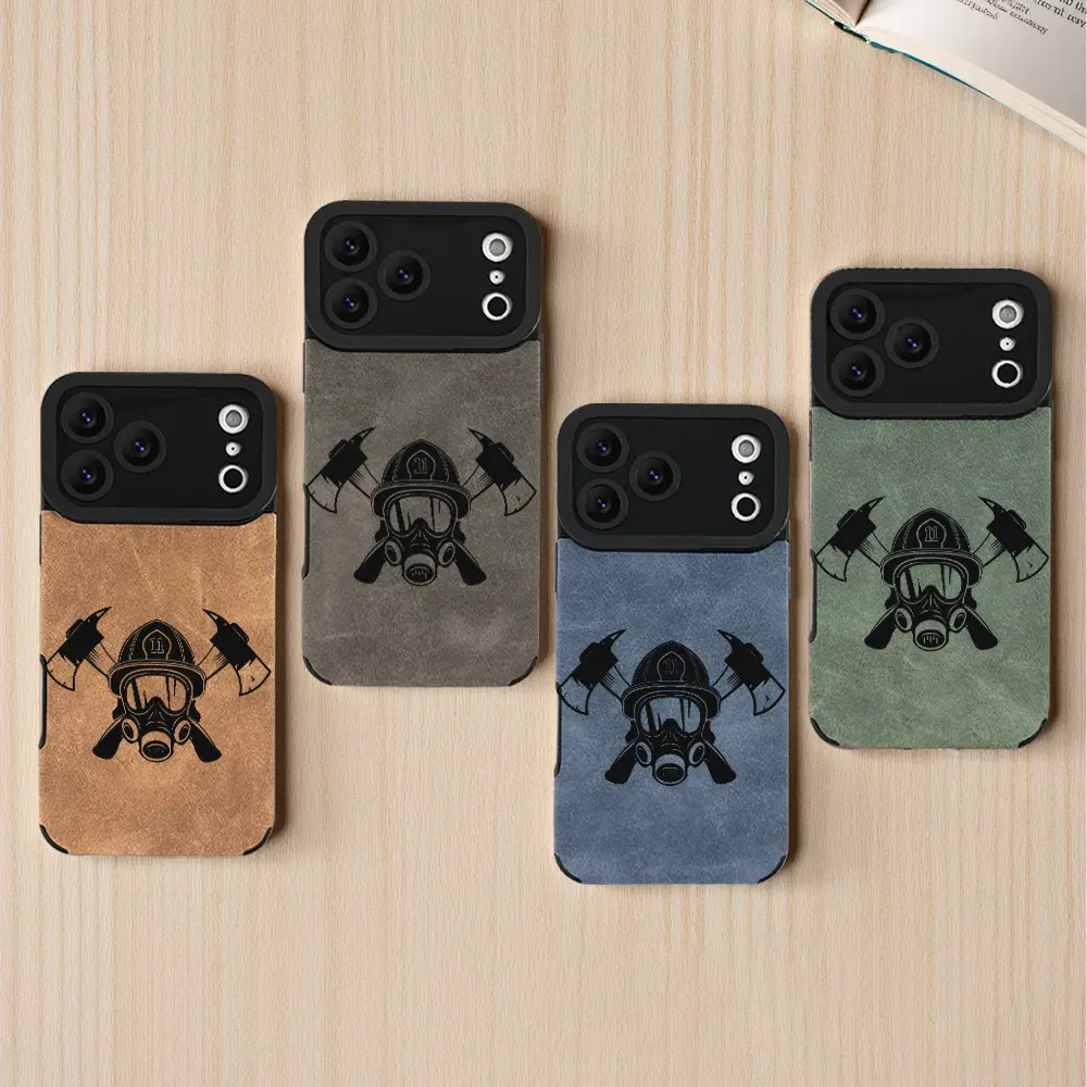 Phone Case: Firefighter Helmet and Axe Pattern Synthetic Leather Drop-Proof Phone Case, Scratch-Resistant and Stain-Resistant, Synthetic Leather Synthetic Leather Finish, Elegant and Beautiful, Unisex, High Quality, Multiple Colors Available