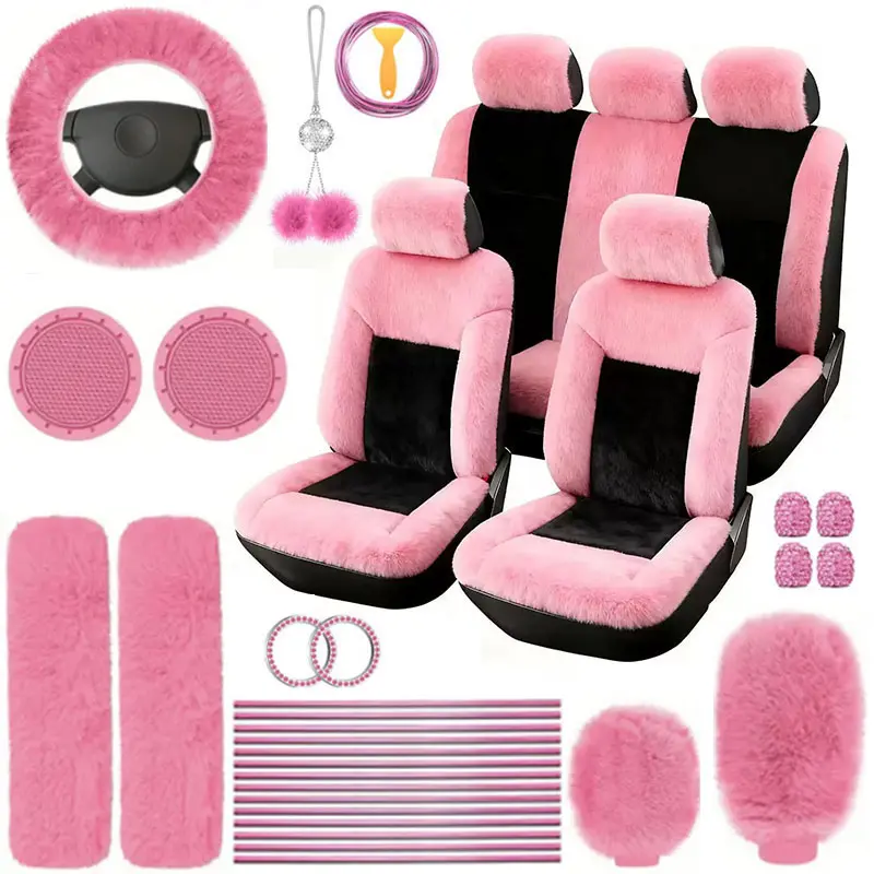 45pcs Plush Car Seat Cover Set: Women's Soft Plush Seat Cover, Plush Steering Wheel Cover, Seatbelt Shoulder Cover, Gear Shift Knob Cover, Plush Hanging Ornament, Cup Pad, Car Decor Strips, Girly Car Accessories, Plush Car Decoration