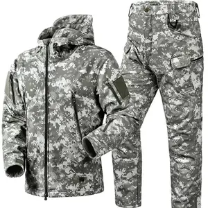 Men’s Thickened Winter Camouflage Waterproof Tactical Training Set – Multi-Pocket Hooded Jacket + Fleece Pants for Outdoor Hunting (Autumn/Winter, 2-Piece)