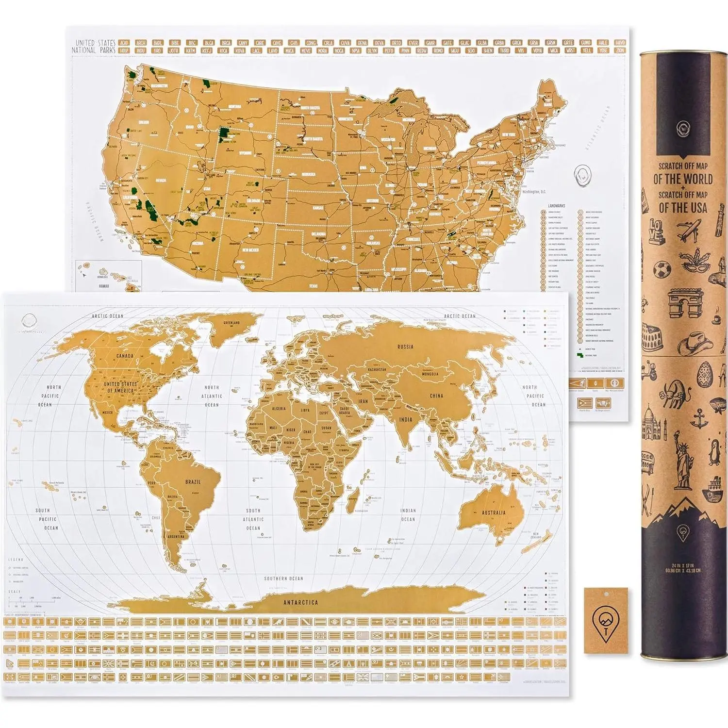 Scratch Off Travel Map World &  National Parks 2 in 1 - Large 24x17 Quality Laminated Poster Paper - World &  Wall Posters w/Flags, Art Coloring Pages & Scratch Tool - Traveler