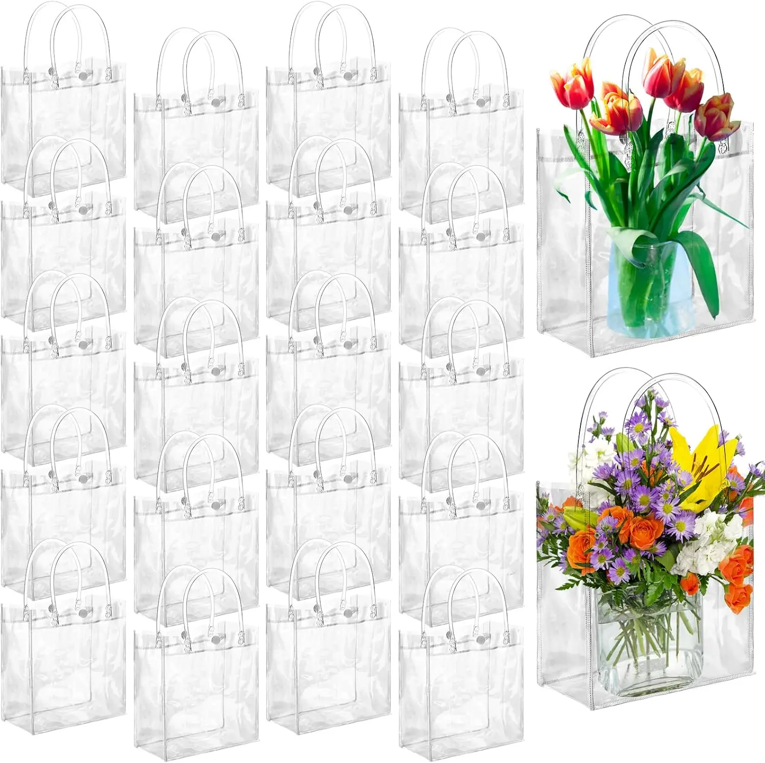 Clear PVC Gift Bags with Handles, Small Reusable Plastic Party Favor Bags, Transparent Goodie Bags Bulk for Wedding, Baby Shower, Birthday, Shopping Retail