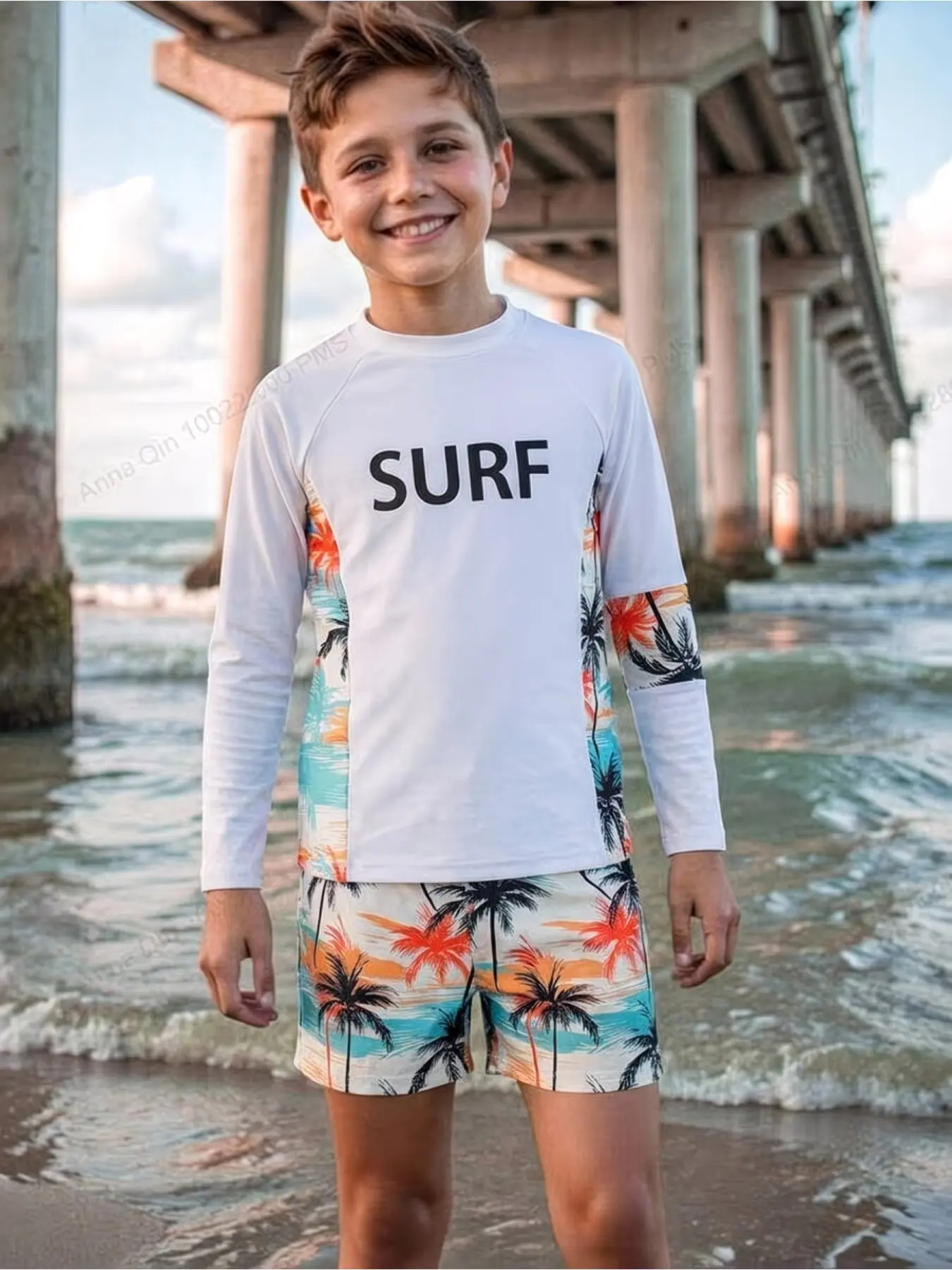 Boys' UV Protection Swim Set, Long Sleeve Quick-Dry Top with Shorts, Kids Surfing Swimsuit, Teenage Sunscreen Clothing, Slim-Fit, Swimming Rashguard