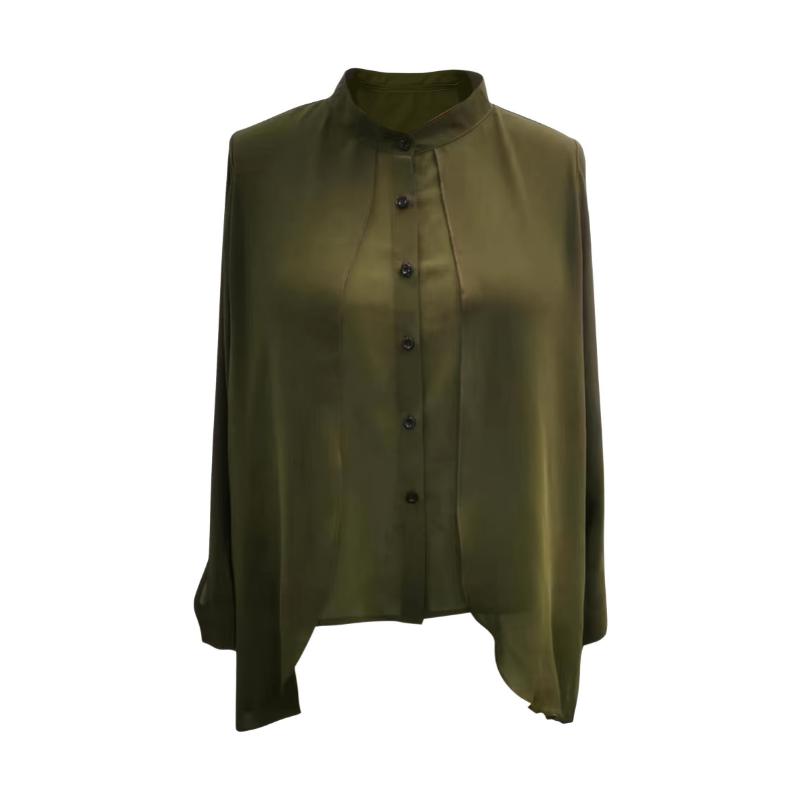 Women's Plus Size Olive Green Chiffon Blouse-Long Sleeve Button-Up Shirt with Stand Collar, Semi-Sheer Casual Top for Spring Summer Fall,Lightweight Breathable Office&Casual Attire, Sophisticated Casual Look, Elegant Texture,Spring Fa Polyester Womenswear