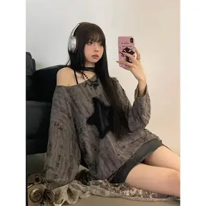 Hole T-shirt Women Fashion Star Print Y2k Aesthetic Loose Tees Kpop Fairycore Ripped Tshirt Harajuku Gothic Streetwear