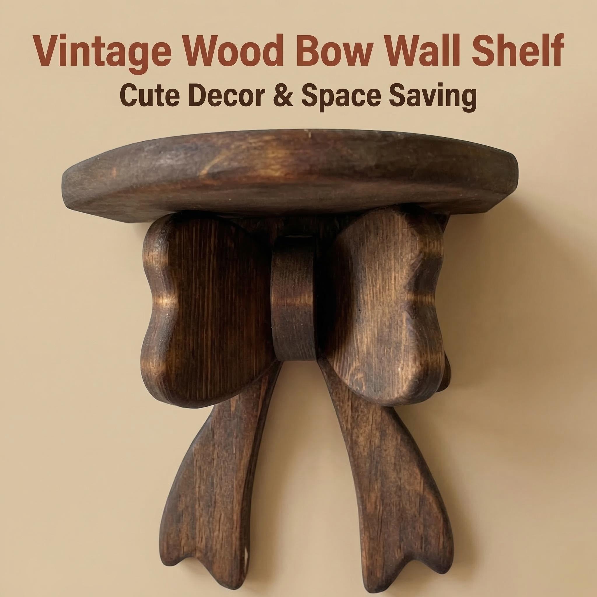 Vintage Wood Bow Wall Shelf - Cute Aesthetic Floating Shelf for Wall, Rustic Farmhouse Wooden Bow Display Stand, Space Saving Small Wall Shelves for Living Room Bedroom Bathroom, Perfect for Halloween Easter Thanksgiving Decor