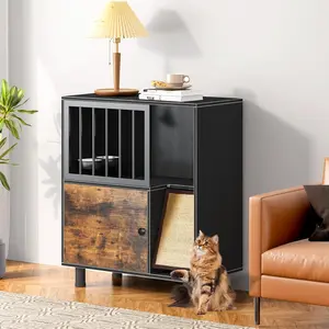 Cat Feeding Station, Cat Feeding Station with Scratching Board, Raised Bowls for Indoor Cats, Elevated Food Bowls with Stand, Vintage Black Furniture