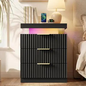 HAUOMS Fluted Nightstand with Hidden Charging Station, 3 Drawer, LED Smart Bedside Table, Chasing Light Effect, Night Stands, Wood Side Table, Cozy Modern End Table Accent Table for Bedroom, Black