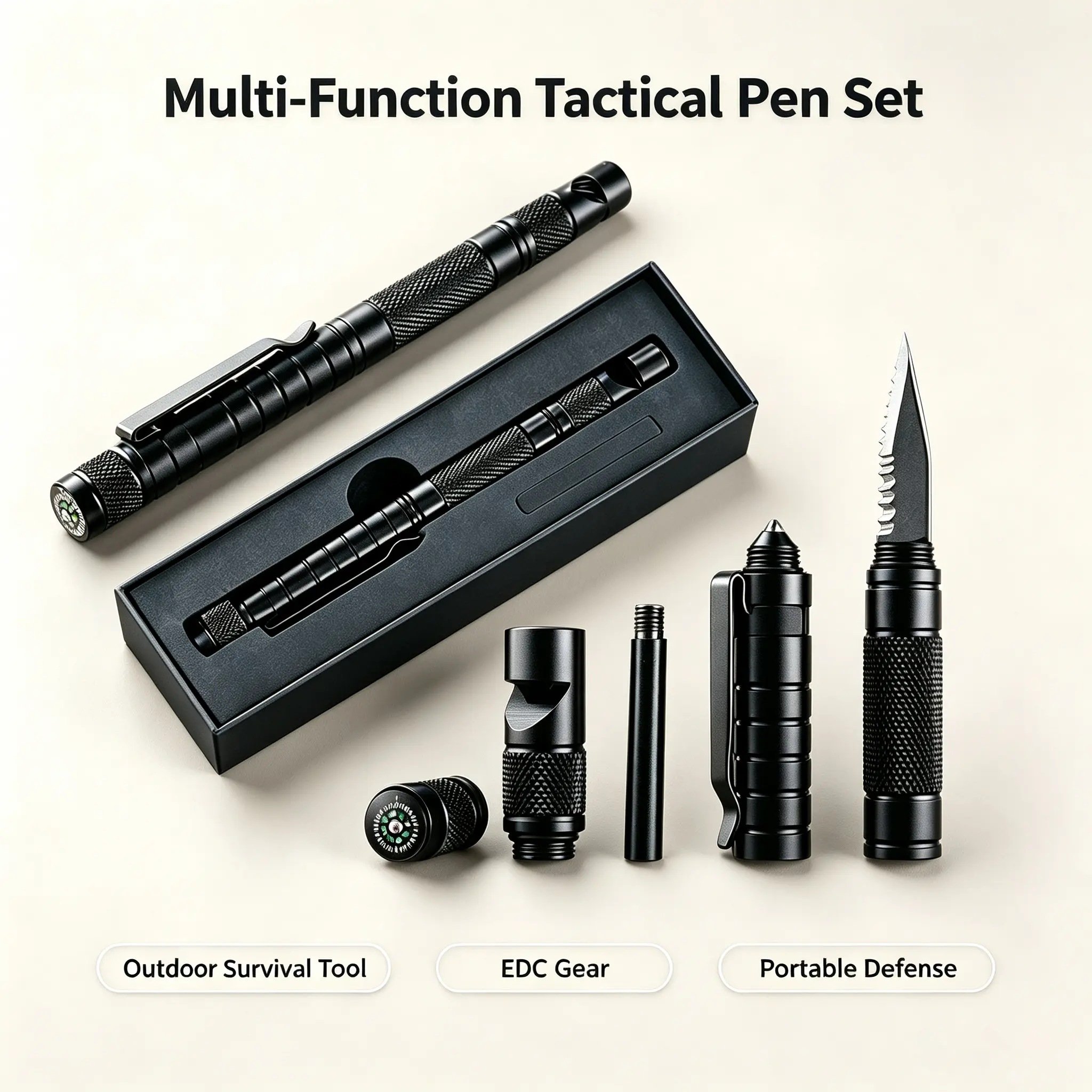 5-in-1 Tactical Ballpen Multitool with Tungsten Tip, Pocket Size Self-Defense EDC Ballpoint Pen with Multi-Purpose Cap, Camping Survival Gear Gift Box for Men, Father’s Day/Birthday Stocking Stuffer