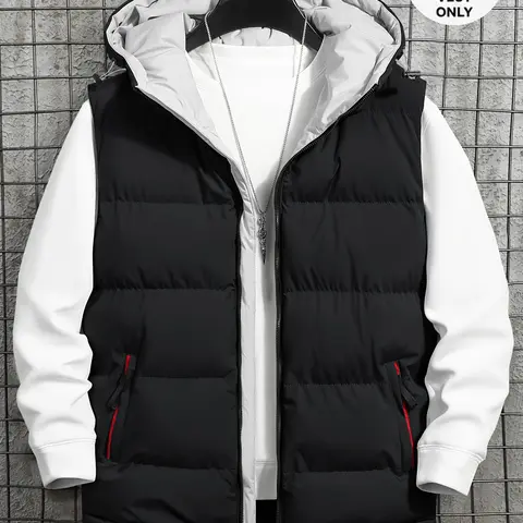 Men’s hooded sleeveless vest jacket for winter, featuring large pockets, a front zipper, and a slim, fitted casual design. Polyester fabric is machine washable and suitable for outdoor activities and everyday wear.