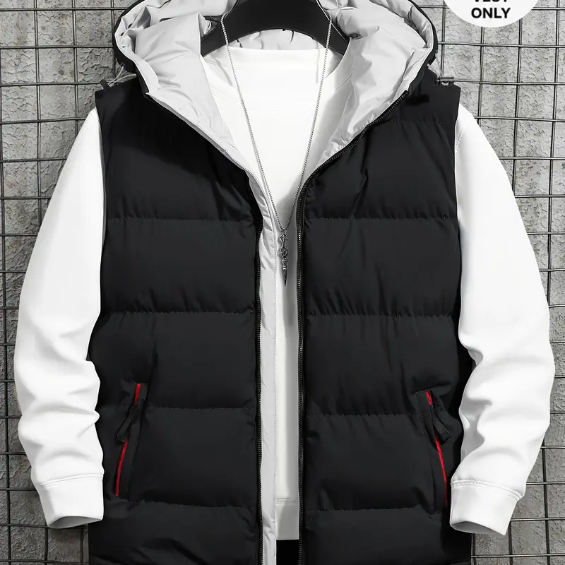 Men’s hooded sleeveless vest jacket for winter, featuring large pockets, a front zipper, and a slim, fitted casual design. Polyester fabric is machine washable and suitable for outdoor activities and everyday wear.