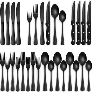 24-Piece Black Silverware Set with Steak Knives, Black Flatware Set for 4,  Stainless Steel Tableware Cutlery Set, Mirror Finished Utensil Sets