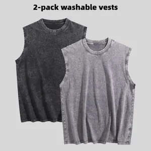 2-Pack Men's 100% Cotton Sleeveless Acid-Washed Sports Vest/T-Shirt, Off-Shoulder Cut, Loose Fit, Running & Fitness T-Shirt, Unisex Vest/T-Shirt