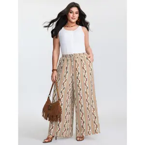 BLOOMCHIC Women's Plus-Size Fashion Lady Fit Polyester Smooth Fabric Geometric Stripe Print Pocket Straight-Leg Pants Trouser 2026 Summer Vibes Casual Bottom Beige Swimweek