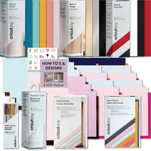 Cricut Deluxe All-in-One Materials and Accessories Bundle - 40+ Piece Beginner Sampler Material Kit for Cricut Joy Cutting Machines - Vinyl, Iron-On/ HTV, Card Making Packs and Pens - Crafting DIY Kit