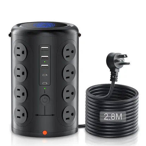 Surge Protector Power Strip 10 FT Cord, TenTrend Vertical Power Tower with 16 Outlets and 5 USB Ports (2 USB-C), 1875W 2000J Charging Station for Home Office Desk, Dorm Room Essentials, Black