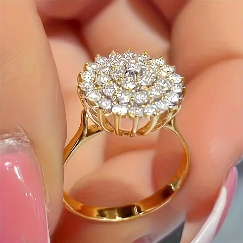 Women's Luxurious Synthetic Zirconia Flower Cluster Engagement Ring - Rose Gold, Gold Flower, Statement Bridal, Lavish Femme, Glam Rings, Ideal for Brides as Romantic Wedding Jewelry & Engagement Gift, Rose Gold Rings