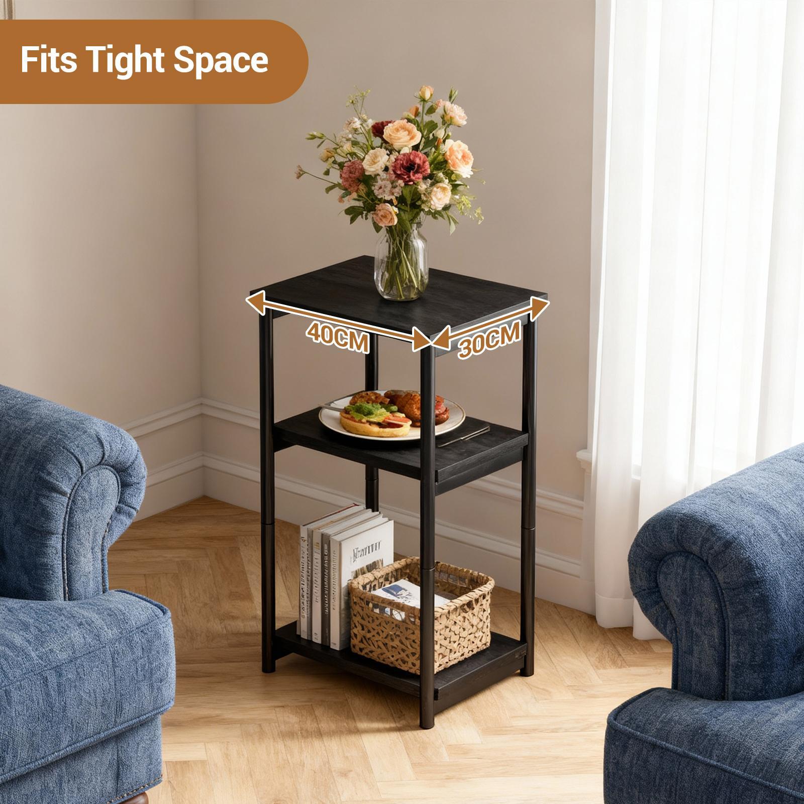 Slim 3-Tier Narrow End Table with Storage Shelves, No Tool Assembly Required, Sturdy Metal & Wood Side Table with Non-Toxic Smooth MDF Tabletop, Space-Saving for Small Spaces, Living Room Bedroom Office Furniture