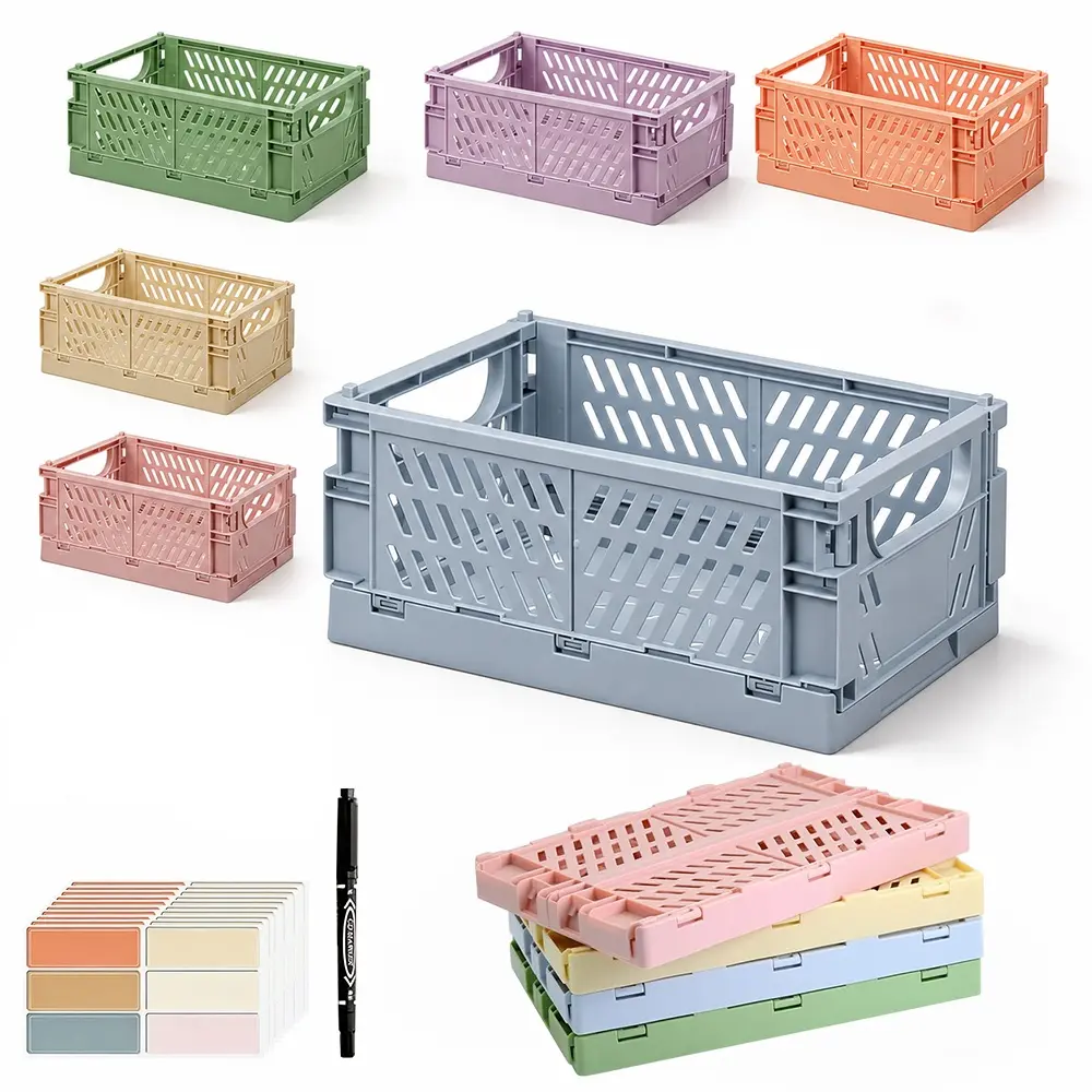 Compact Mini Pocket Sewing Basket Set - 6 Foldable Plastic Baskets, 10 Label Stickers, 1 Marker Pen, Space-Saving Drawer Storage Organizer for Office/Home (6+Extras Included)