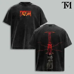 DOOM Slayer Vintage Washed Graphic Tee, Infernal Crucible Sword Gamer Shirt, Oversized Acid Wash Heavyweight Cotton T Shirt, Retro FPS Demon Hunter Streetwear, Dark Fantasy Y2K Gaming Graphic Tee, Double Sided Unisex Gift for DOOM Fans