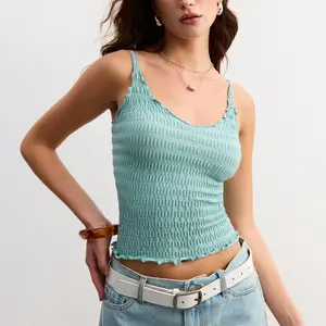 Dazzwear The HugHer Collection Women's Tank Top Adjustable Spaghetti Straps Scrunch Texture V-neck with Lettuce-edge Trim Minimalist Basic Sleeveless Top