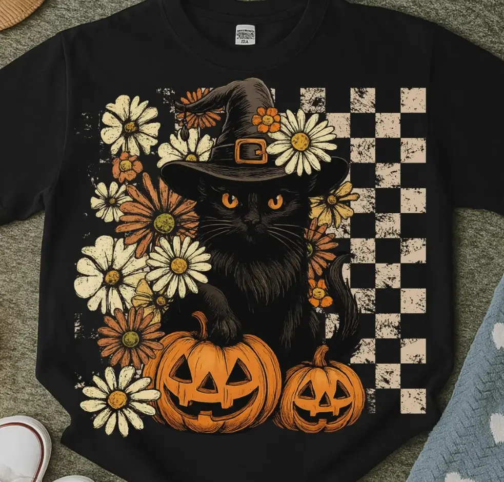 Black Witch Cat DTF Transfers - Easy DIY DTF Transfer for Custom DIY Shirts, Hot Peel Method - Note: This Is Not a Shirt, Hot Peel Method, Easy Diy