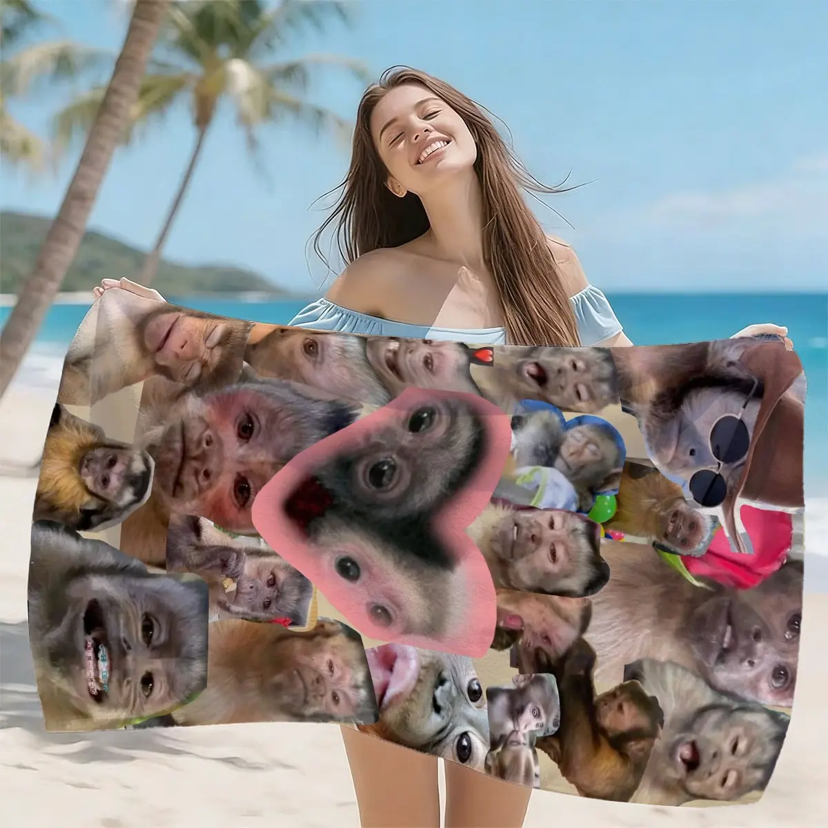 Funny Heart Monkey Beach Towel, High Weight Quick Dry Fabric, Soft Skin-Friendly, Absorbent and Fast Drying, Anti-Wrinkle Easy Clean
