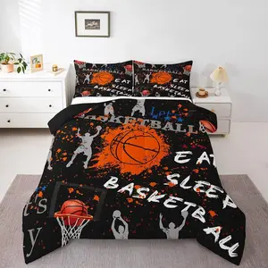 Basketball Comforter Set,Black and Orange Basketball Bedding Sets,Sports Ball Games Comforter Sets,Basketball Decor