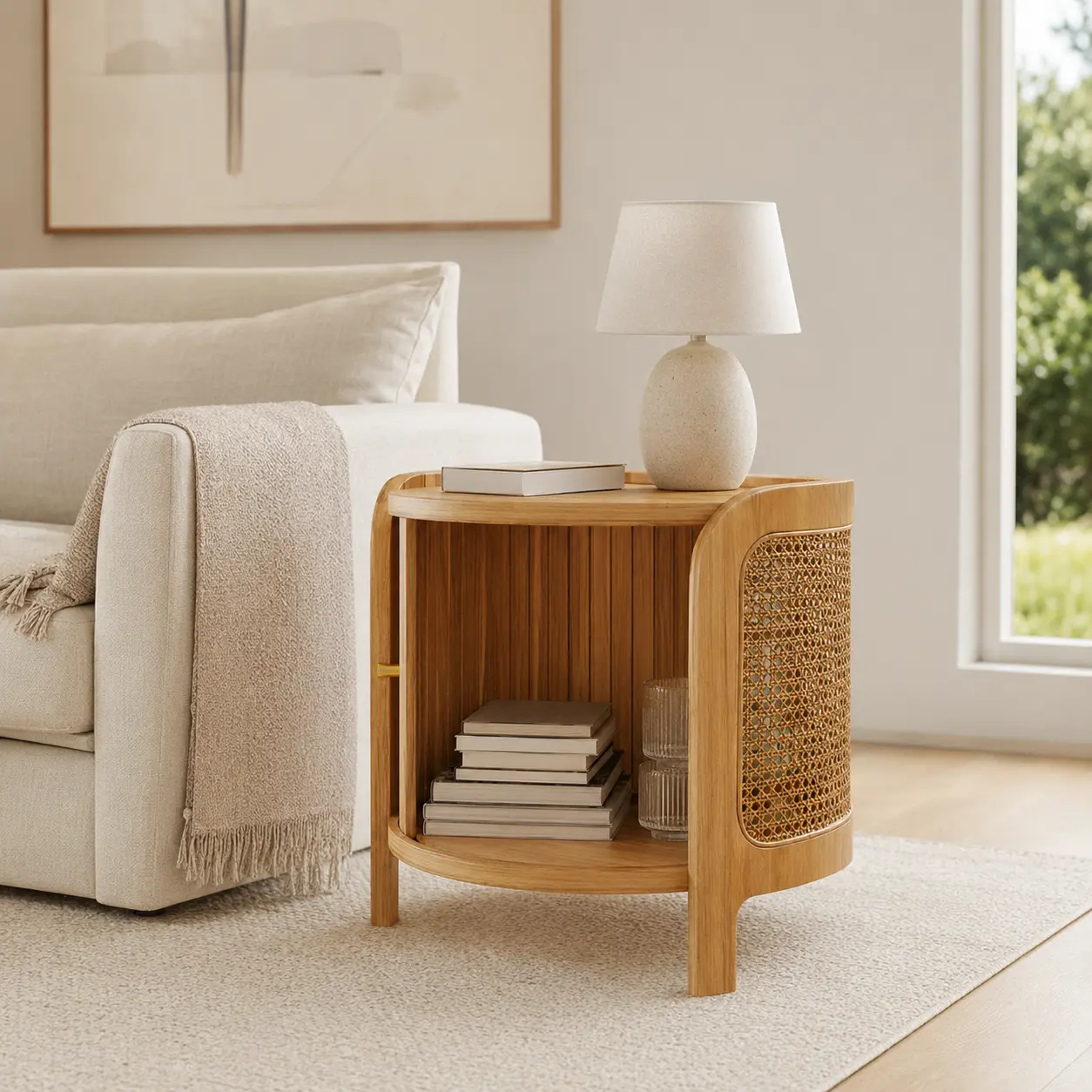 Modern Round Rotating Rattan Coffee Table with Hidden Storage and Sliding Tambour Door for Living Room Bedroom and Small Spaces
