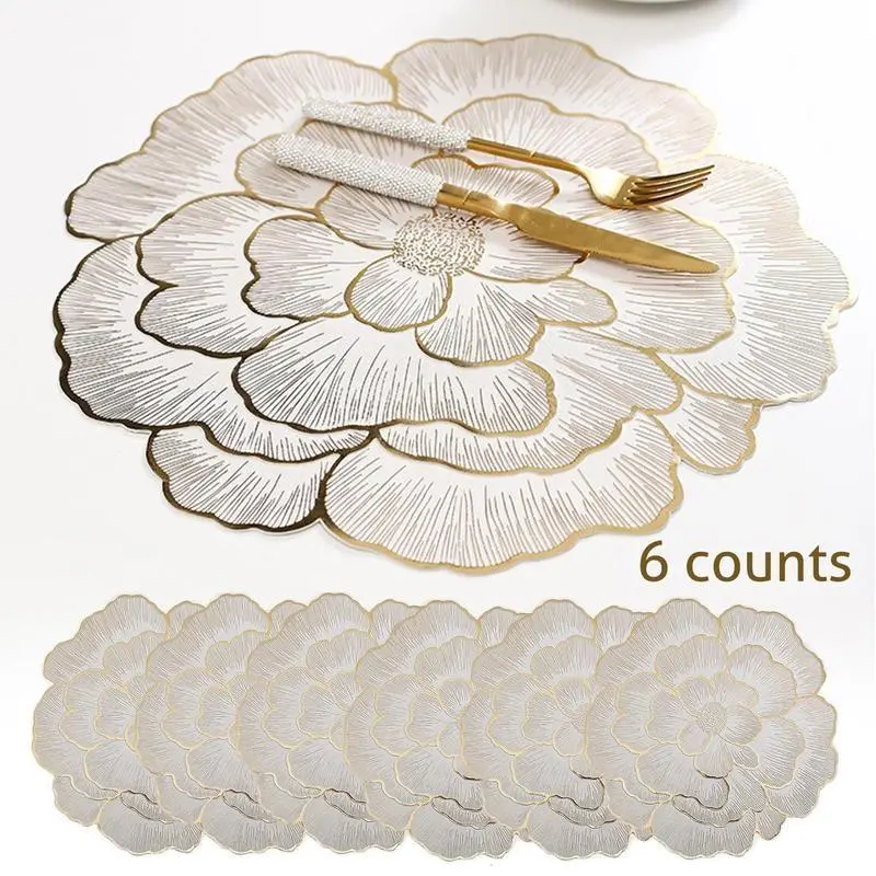 6-Pack Elegant Design Flower Pattern Placemats Set, Reusable Durable Heat-Resistant Tableware, Non-Slip Waterproof Kitchen Dining Table Protectors