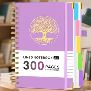 5 Subject Notebook College Ruled, 300 Pages A5 Hardcover Spiral Notebook with Removable Dividers Tabs, 100GSM Thick Paper, Inner Pocket, 6.1" X 8.4", Twin-wire Binding Journal for Note Taking
