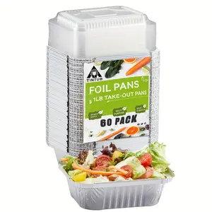60 Pack 1 Lb Small Aluminum Pans with Lids Foil Pans + Clear Plastic Or Board Lids, Disposable Cookware, Takeout Trays with Lids - To Go Disposable Food Containers for Restaurants & Catering  Rectangular Foil Baking Pans Heavy Duty
