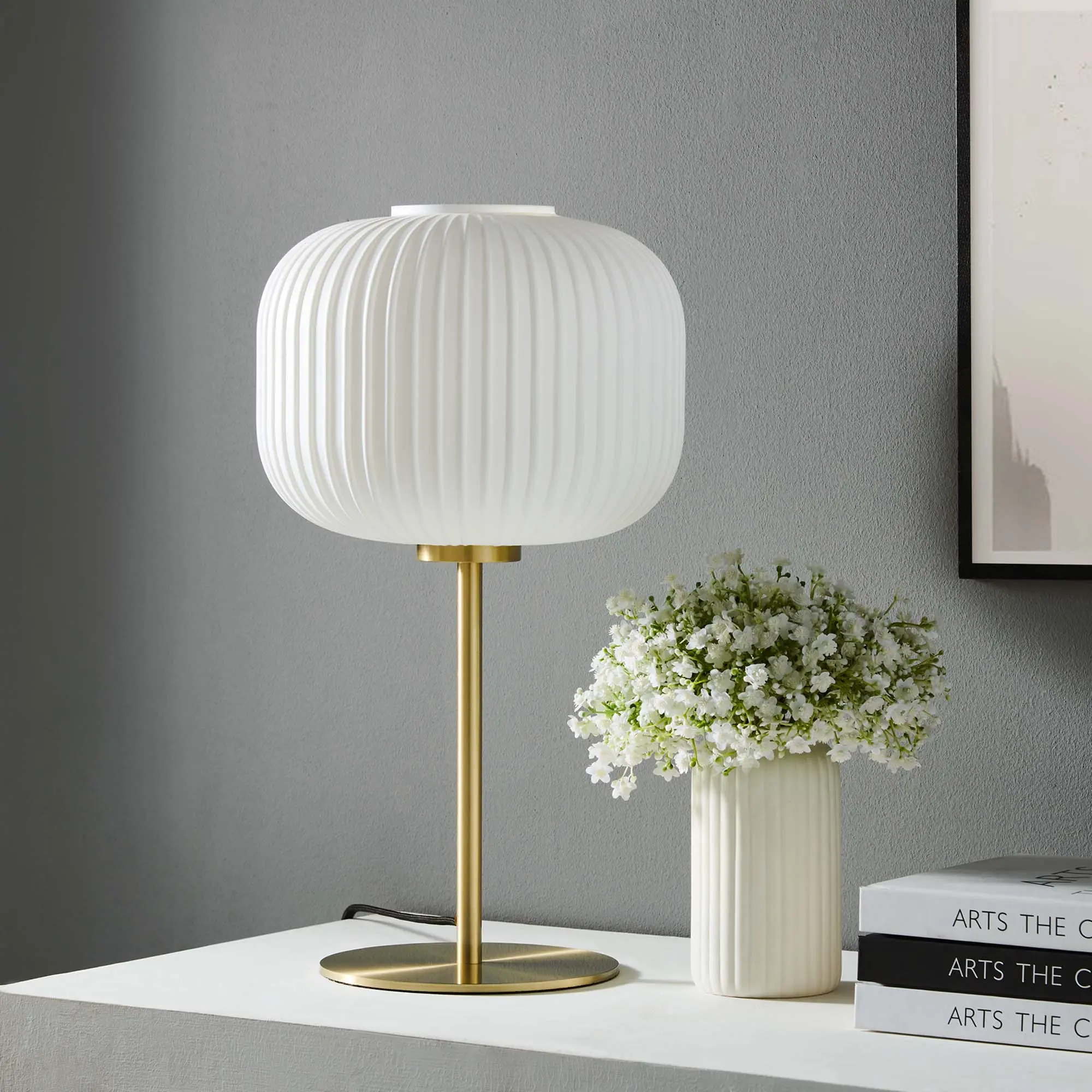 Modway Reprise Glass Sphere Glass and Metal Table Lamp in White Satin Brass