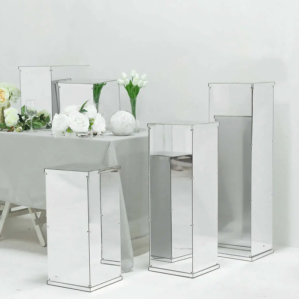 40-in Modern Acrylic Frame Floor-Standing Display Box with Silver Mirror Finish, Pedestal Riser, Interchangeable Lid & Base for Home Decor, Baby Showers Centerpiece Display, Party Centerpiece