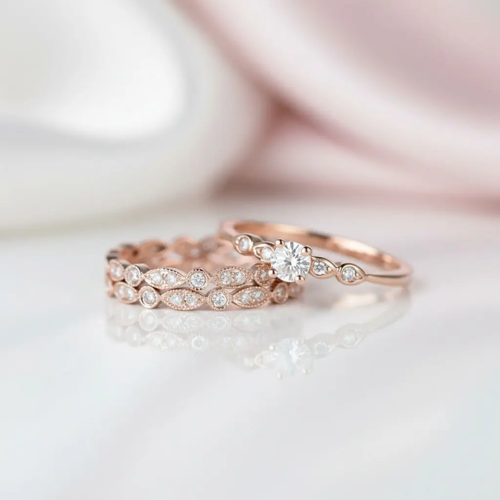 Rose Gold Round Cut 3PC Wedding Ring Set