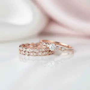 Rose Gold Round Cut 3PC Wedding Ring Set