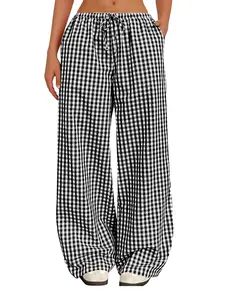 Women's Checkered Woven Casual Pants, Spring & Fall New Style Wide Leg Loose-Fitting Trousers, Perfect for Daily Wear at Home